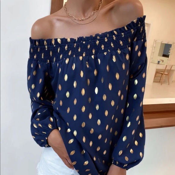 Boho polka dot off shoulder shirred blouse - Picture 3 of 7